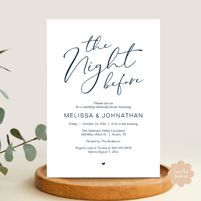 Die Nacht vor dem romantischen Hochzeitstag-Probe- Einladung (The Night Before Romantic Modern Wedding Rehearsal Dinner Aesthetic Invites PDF Classy Navy Blue)