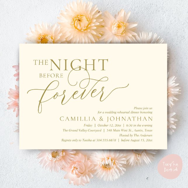 Die Nacht vor der Ewigkeit, Hochzeitsessen Probe Einladung (The Night Before Forever Wedding Rehearsal Dinner Romantic Classy Invites Card PDF in Yellow Gold)
