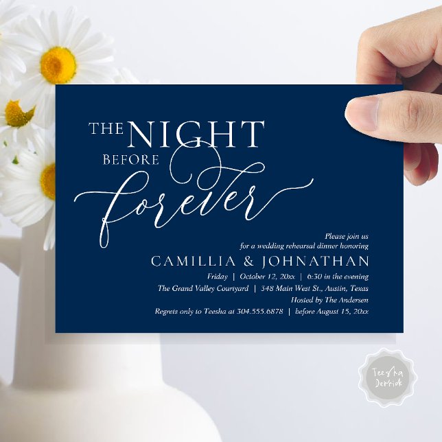 Die Nacht vor der Ewigkeit, Hochzeitsessen Probe Einladung (The Night Before Forever Wedding Rehearsal Dinner Romantic Classy Invites Card PDF in Navy Blue)