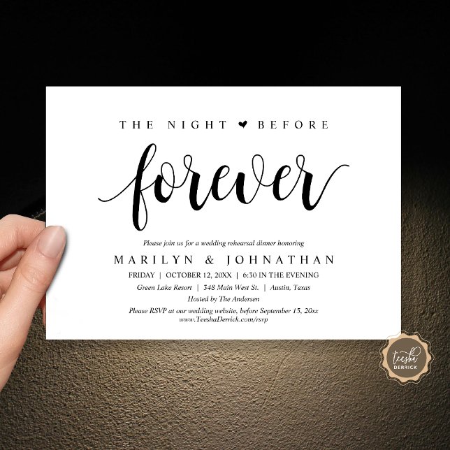 Die Nacht vor der Ewigkeit, Hochzeitsessen Probe Einladung (The Night Before Forever, Wedding Rehearsal Dinner Invitation Card, PDF, Rustic, Black and White)