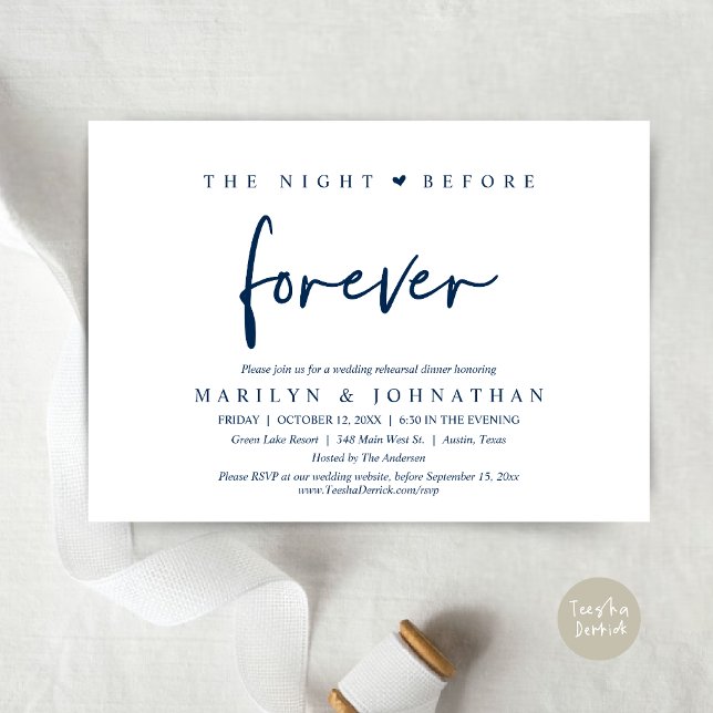 Die Nacht vor der Ewigkeit, Hochzeitsessen Probe Einladung (The Night Before Forever, Modern Wedding Rehearsal Dinner Invitation Card, PDF, in Navy Blue)