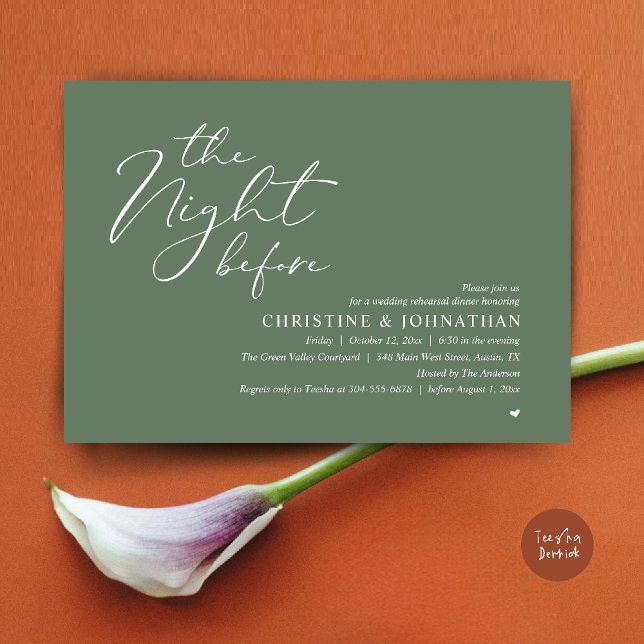 Die Nacht vor der Hochzeitsprobe Romantisches Aben Einladung (The Night Before Wedding Rehearsal Romantic Dinner Invitation Card in Sage Green)
