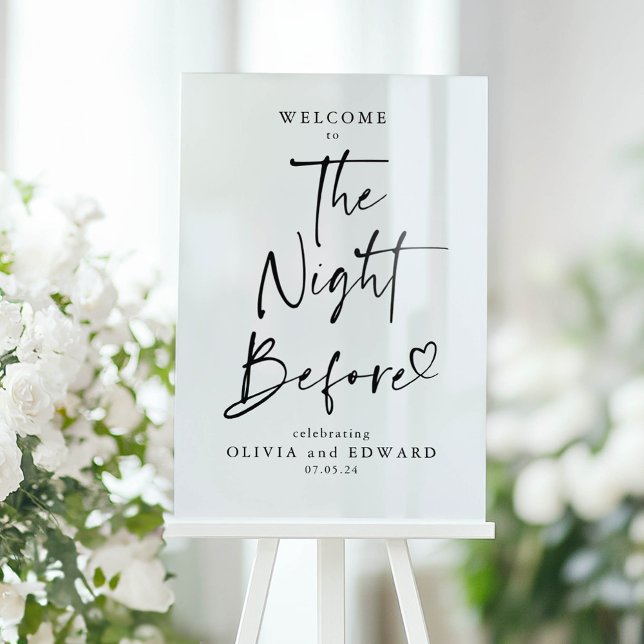 Die Nacht vor der Probe ist ganz in Weiß gehalten Acrylschild (White Acrylic Sign for Rehearsal Dinner "The Night Before" )
