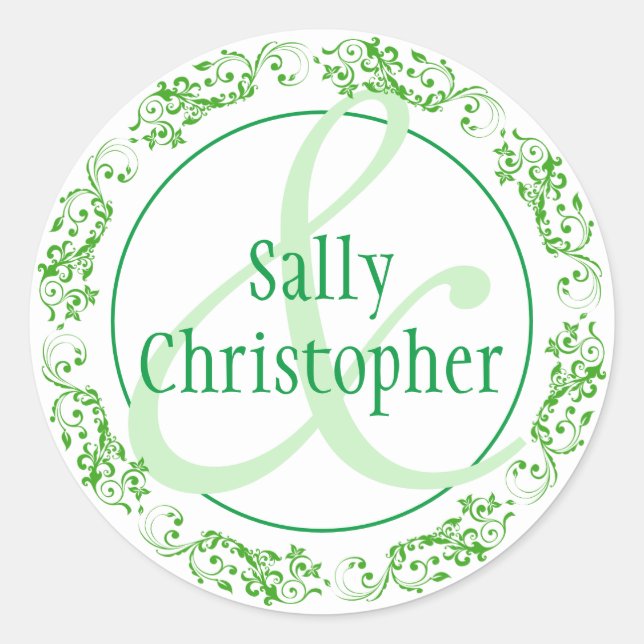 Die Namen von Braut und Bräutigam zusammen. Runder Aufkleber (Vorderseite)