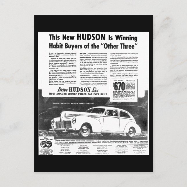 Die neuen 1940er Hudson Automobile Postkarten (Vorderseite)