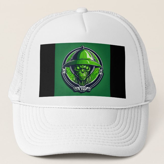 Die neugierige grüne Alien Truckerkappe (Vorderseite)