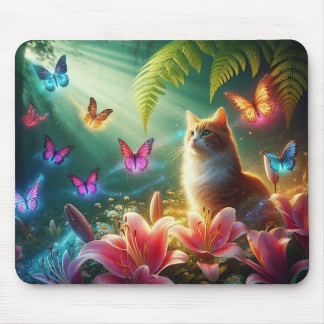 Die neugierige Katze und ihre Schmetterlinge Mousepad (Vorne)