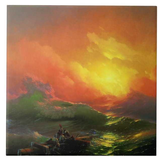 Die neunte Welle (Sturmsee mit rotem Sonnenunterga Fliese (Vorderseite)