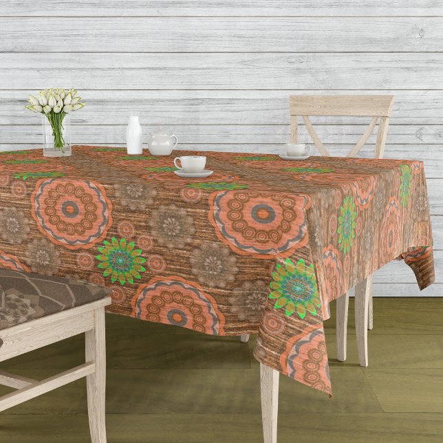 Die Orangen, mit Blumen bestreuten Fäden strukturi Tischdecke (Von Creator hochgeladen)