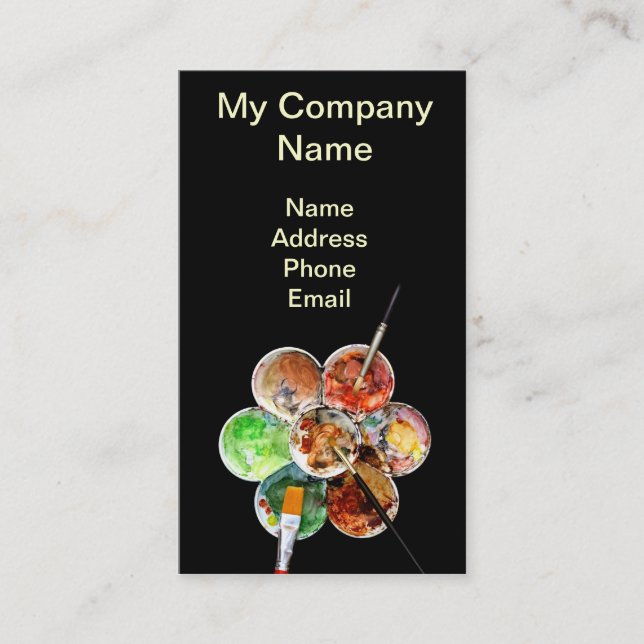 Die Palette des Malers mit hellen Farben und Visitenkarte (Vorderseite)