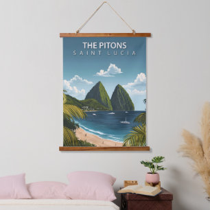 Die Pitons – Vintage-Reiseposter von St. Lucia Wandteppich Mit Holzrahmen