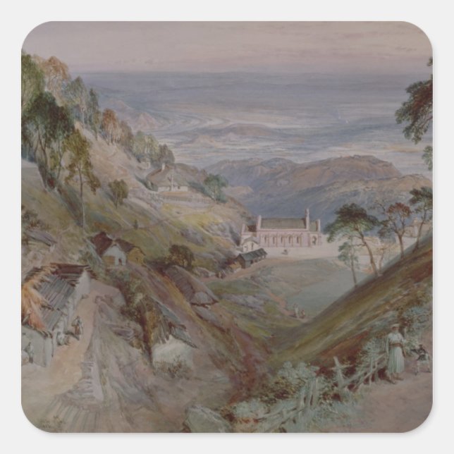 Die Plains, Landour Church, Mussoorie, 1884 Quadratischer Aufkleber (Vorderseite)