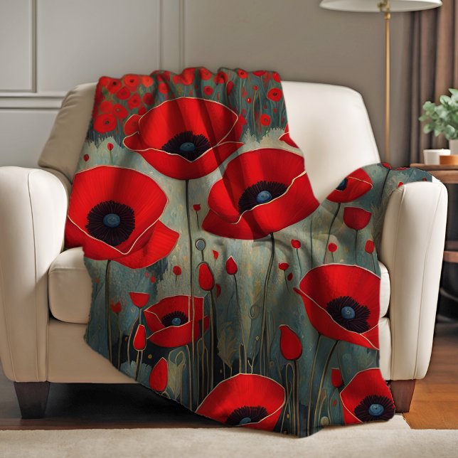 Die Poppies Fleecedecke (The Poppies Fleece Blanket from Ricaso. Stunning red poppy flower art throw. available in 3 sizes)