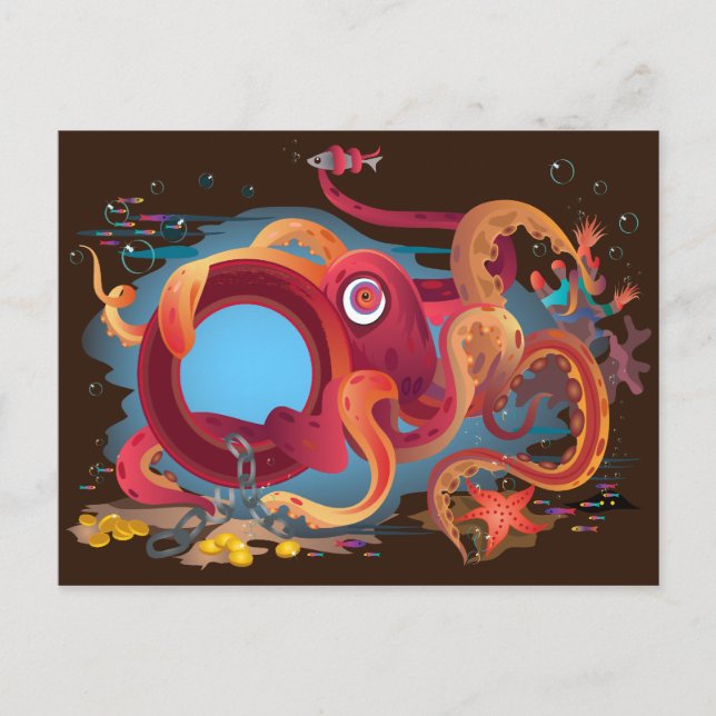 Die Postkarte mit Oktopus-Bild (Vorderseite)