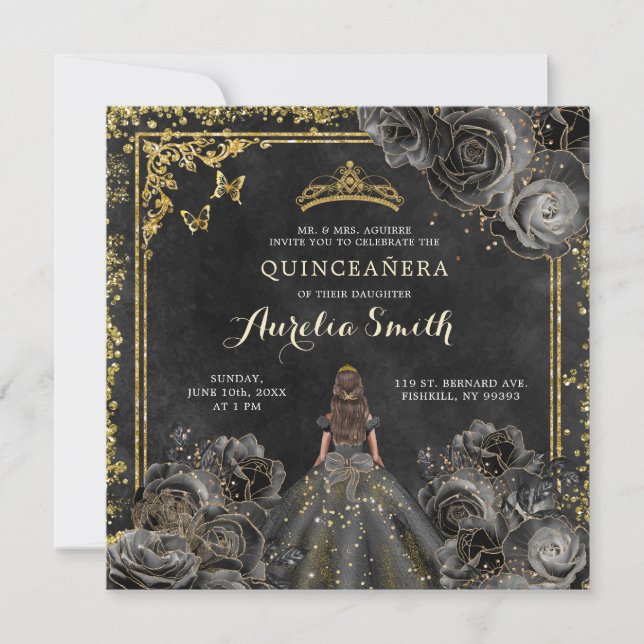 Die Prinzessin Quinceañera aus Gold und Schwarz-Ro Einladung (Vorderseite)