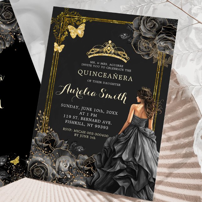Die Prinzessin Quinceañera aus Gold und Schwarz-Ro Einladung (Von Creator hochgeladen)