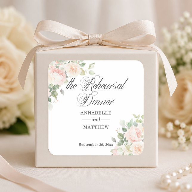 Die Probe Dinner Soft Blush Rosen Hochzeit Quadratischer Aufkleber (Von Creator hochgeladen)