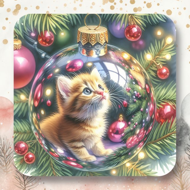 Die Reflexion von Kitten in einem Weihnachtsschmuc Quadratischer Aufkleber (Von Creator hochgeladen)