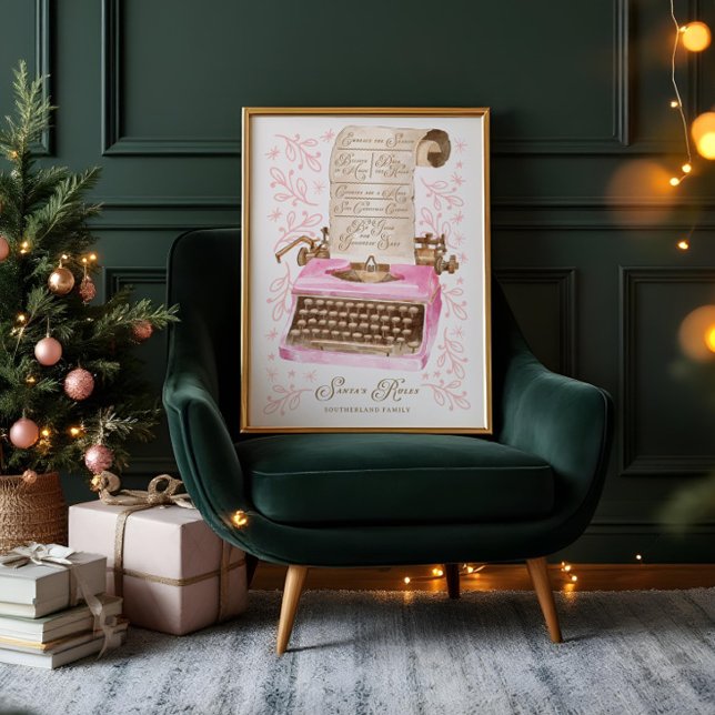 Die Regeln des Weihnachtsmanns Retro-Aquarellfarbe Poster (Santa's Rules Retro Watercolor Pink Typewriter Poster)