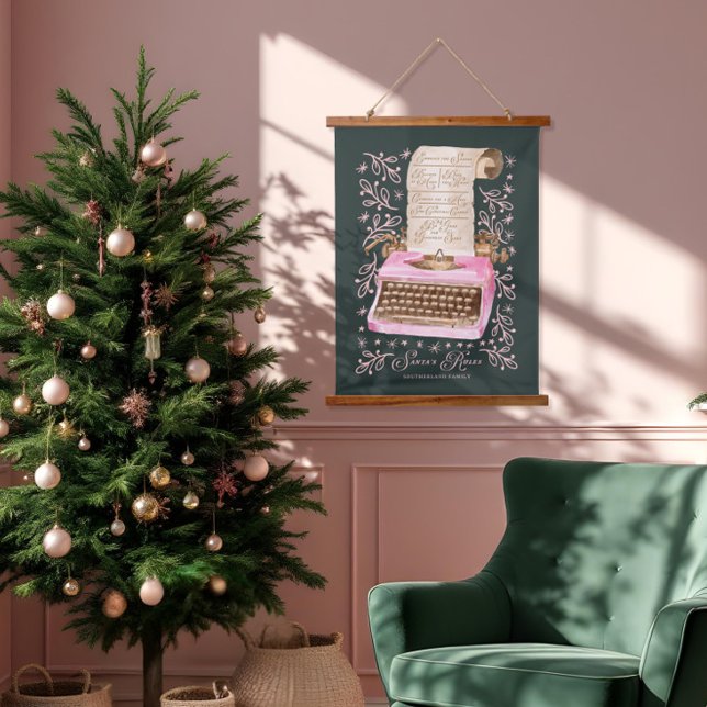 Die Regeln des Weihnachtsmanns Retro-Aquarellfarbe Wandteppich Mit Holzrahmen (Santa's Rules Retro Watercolor Pink Typewriter Hanging Tapestry)