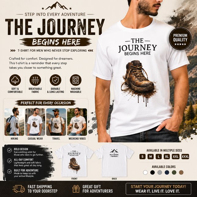 "Die Reise beginnt hier - Robuster Wanderstiefel  T-Shirt (Von Creator hochgeladen)