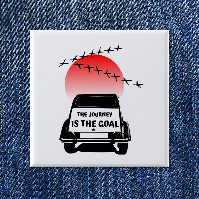 Die Reise ist das Ziel Sunset - oldtimer 2CV Button (2CV Button in White with a Red Sunset and Birds Illustration)