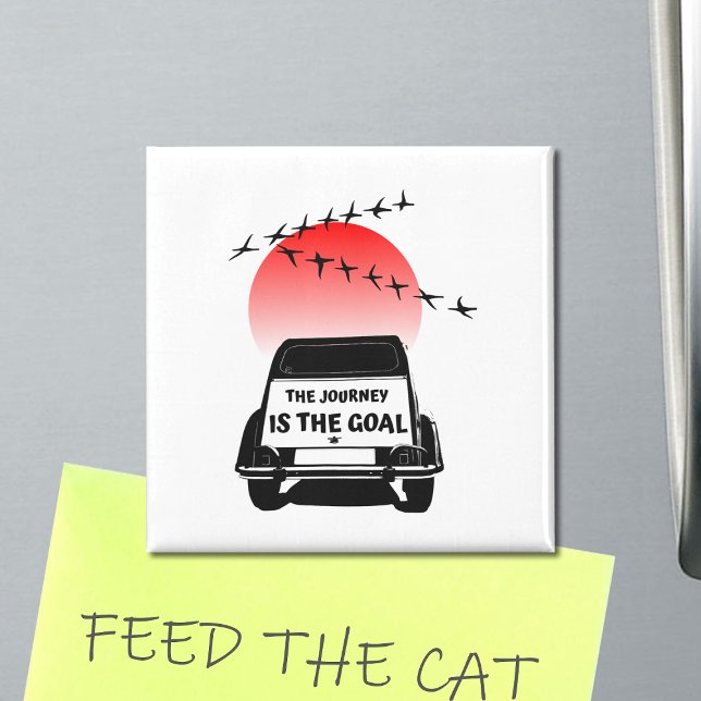 Die Reise ist das Ziel Sunset - oldtimer 2CV Magnet (2CV Magnet in White with a Red Sunset and Birds Illustration)