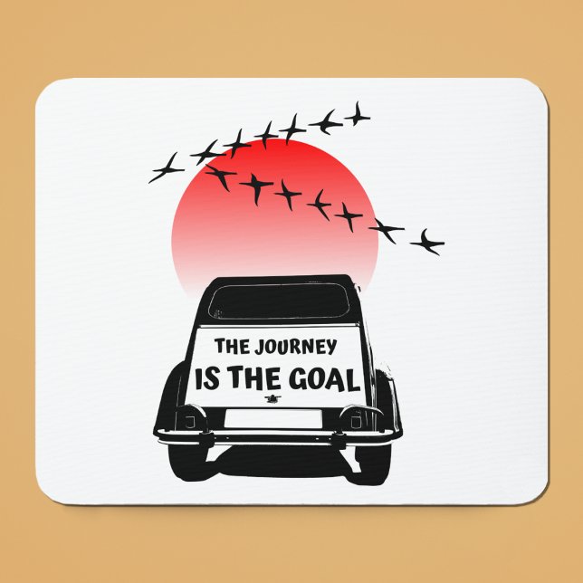 Die Reise ist das Ziel Sunset - oldtimer 2CV Mousepad (2CV Mouse Pad in White with a Red Sunset and Birds Illustration)