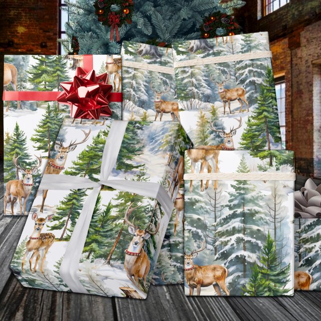 Die Rentiere des Weihnachtsmanns im Wald Geschenkpapier (Santa's Reindeer Resting In The Forest Wrapping Paper Rolls in 6 & 15 foot lengths)