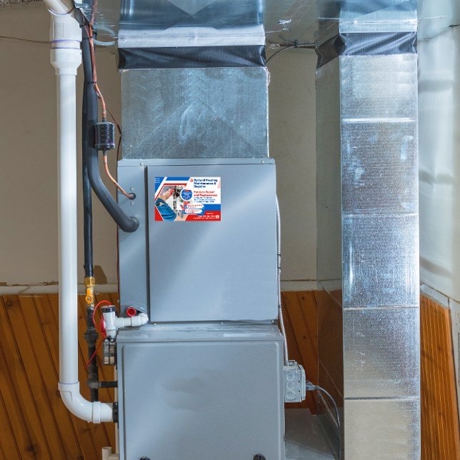 Die Reparatur der Heizanlage des Gebäudes wird ind Rechteckiger Aufkleber (This sticker mockup is not to scale. It is a reference image.)