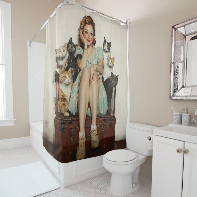 Die Retro Crazy Cat Lady Vibes Duschvorhang (Beispiel)
