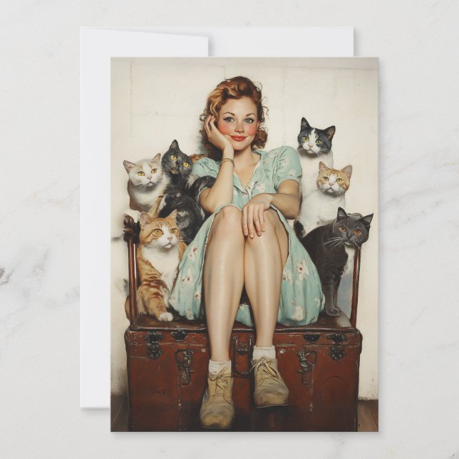 Die Retro Crazy Cat Lady Vibes Einladung (Vorderseite)