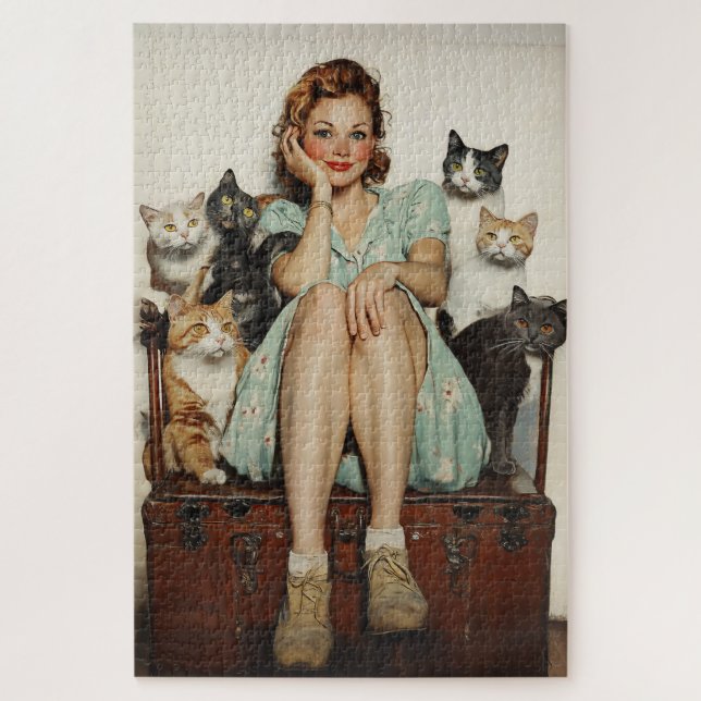 Die Retro Crazy Cat Lady Vibes Puzzle (Vertikal)