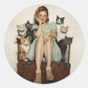 Die Retro Crazy Cat Lady Vibes Runder Aufkleber