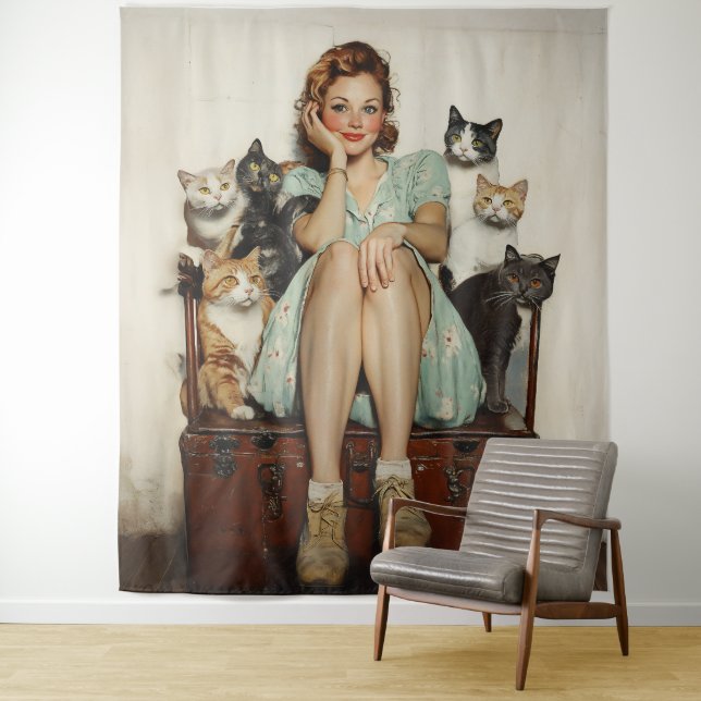Die Retro Crazy Cat Lady Vibes Wandteppich (Beispiel)
