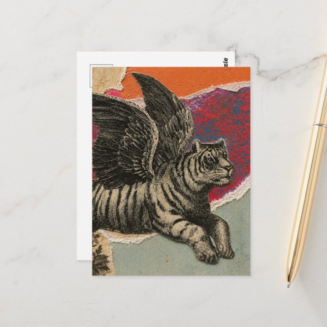 Die Retro Flying Tiger Mixed Media Collage Postkarte (Vorderseite/Rückseite Beispiel)