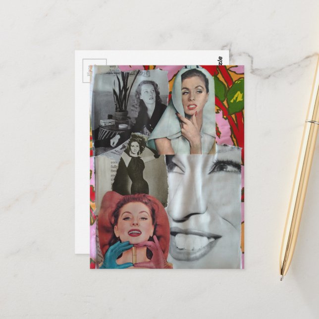 Die Retro-Frauen-Collage Postkarte (Vorderseite/Rückseite Beispiel)