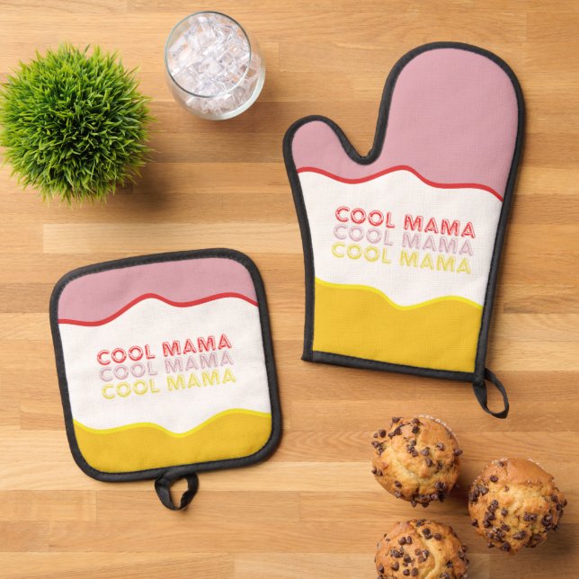 Die Retrowellen "Cool Mama" in leuchtenden Farben Ofenhandschuh & Topflappen-Set (Oben Unten)