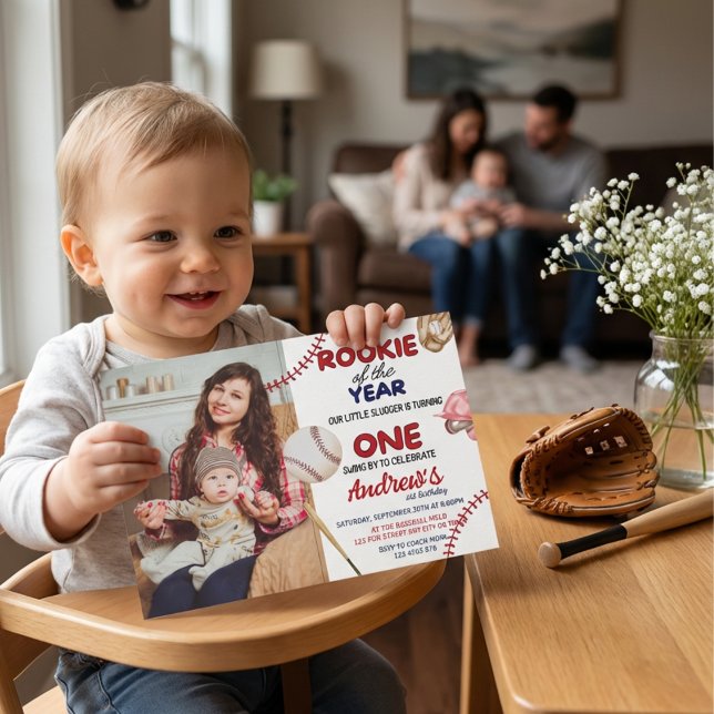 Die Rookie des Jahres Baseball thematisierte den 1 Einladung (Rookie Of The Year Baseball 1st Birthday Invitation with Photo)