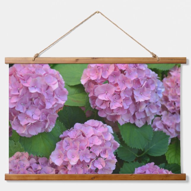 Die rosa Hortensia-Hydrangea-Blume Wandteppich Mit Holzrahmen (Vorne)