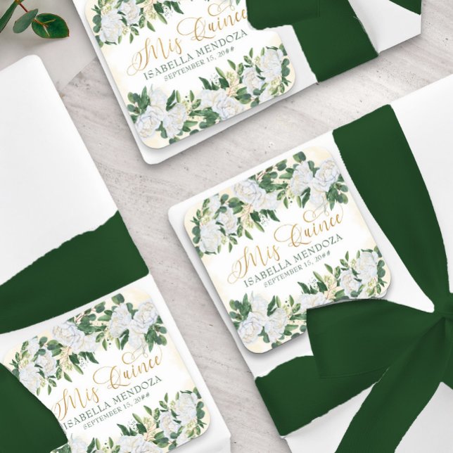 Die Rose von Green und Gold White Peony Mis Quince Quadratischer Aufkleber (Mis Quince stickers from my Emerald Greenery & White Peony collection)