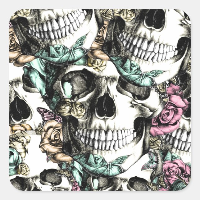 Die Rose wird mit Schmetterlingen abgebaut. Quadratischer Aufkleber (Vorderseite)