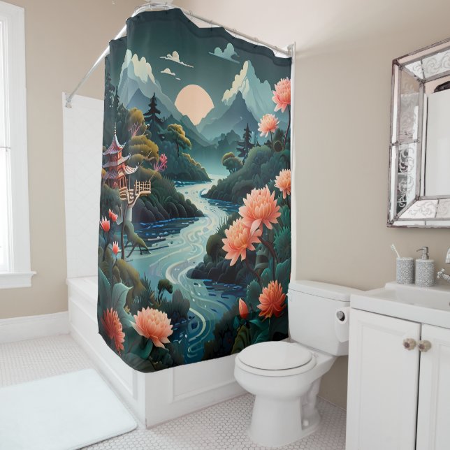 Die Ruhe im Sunset: Traditionelle chinesische Gart Duschvorhang (Beispiel)