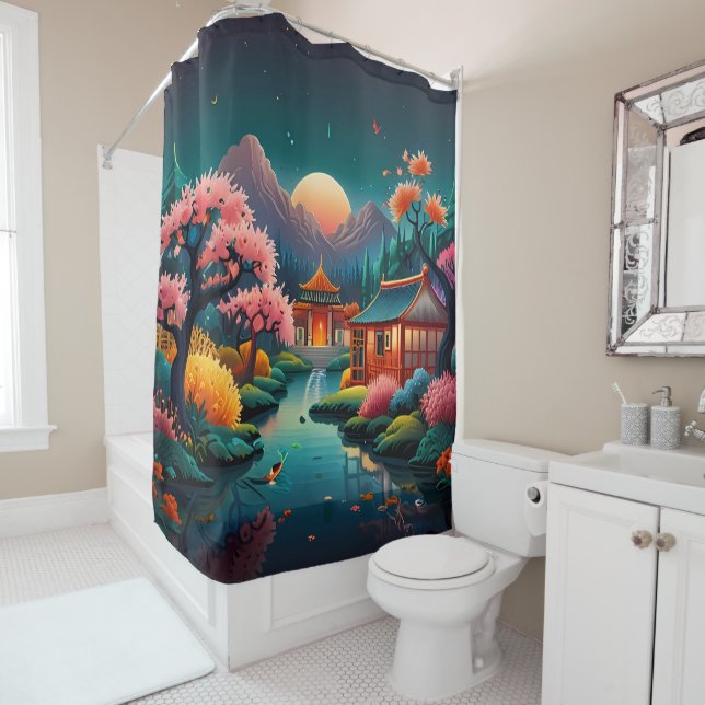 Die Ruhe im Sunset: Traditionelle chinesische Gart Duschvorhang (Beispiel)