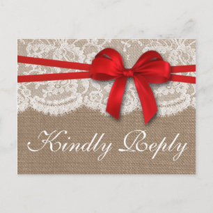 Die Rustic Red Bow Hochzeitskollektion RSVP Einladungspostkarte