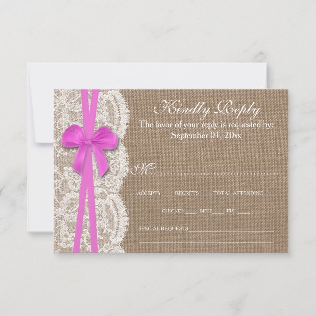 Die Rustikal Pink Bow Wedding Collection RSVP Card Karte (Vorderseite)