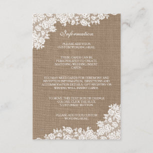 Die rustikale Burlap- und Vintage White Lace-Kolle Begleitkarte
