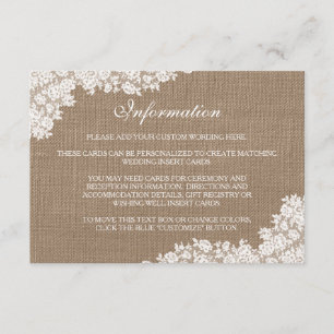 Die rustikale Burlap- und Vintage White Lace-Kolle Begleitkarte