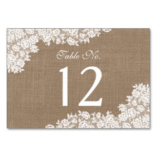 Die rustikale Burlap- und Vintage White Lace-Kolle Tischnummer