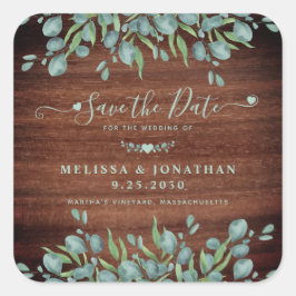 Die rustikale Eukalyptus-Hochzeit rettet das Datum Quadratischer Aufkleber